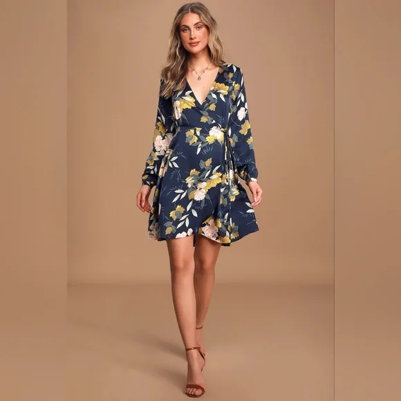 love is life navy blue floral print satin wrap dress Lulu's Love is Life Navy Blue Floral Print Satin Wrap Dress
